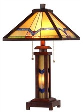 Table Lamp Stained Glass Wood Frame Light Mission Arts  Crafts Tiffany Style