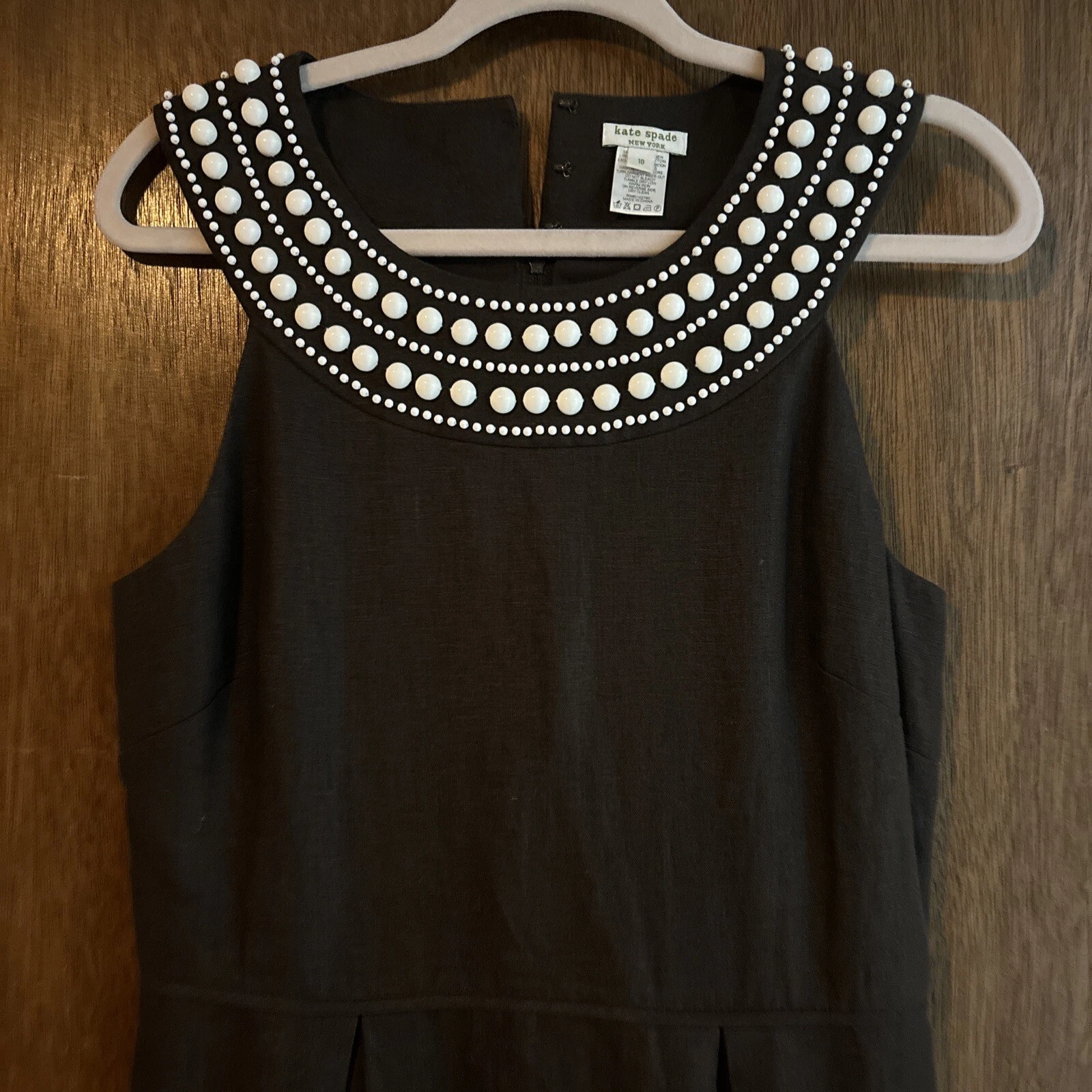 Abito vintage kate spade donna senza maniche marrone lino dettagli perle bianche taglia 10