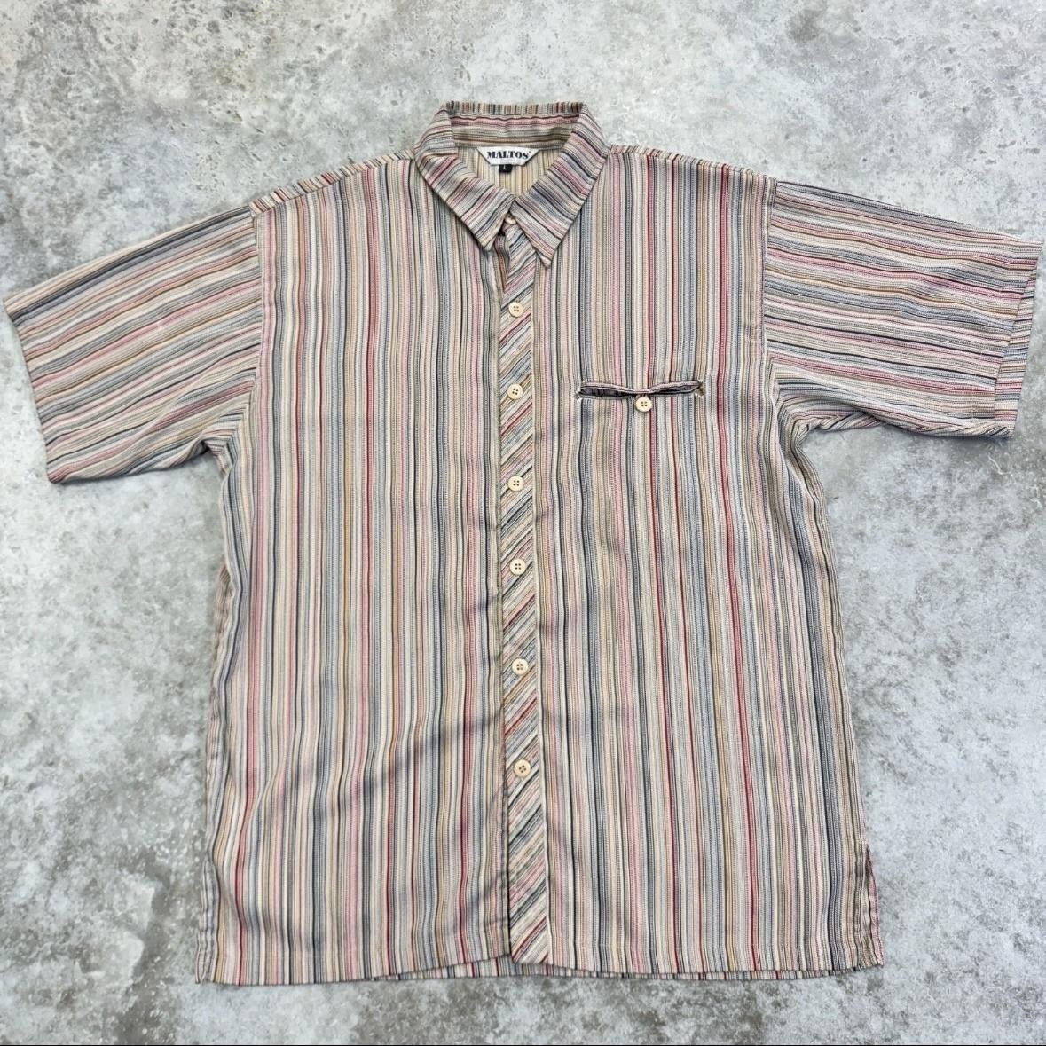 Maltos Shirt Mens Large Multicolor Striped Short Sleeve Button Up Casual Retro