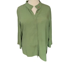 Citron Santa Monica Size 2X Green Silk Textured Long Sleeve Button Front Blouse