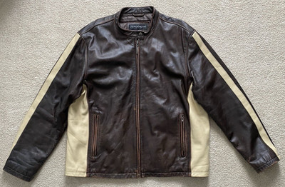 Vintage Sergio Benini Y2K Brown Leather Stripe Biker Moto Cafe Racer Jacket 2XL