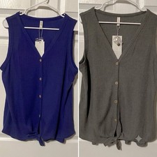 NWT 2 OLRIK Women’s 1X Sleeveless Button Down Tank Tops Gray & Blue