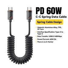 100W USB-C to USB-C Car Charger Cable Coiled Spring Fast Charging PD Type-C