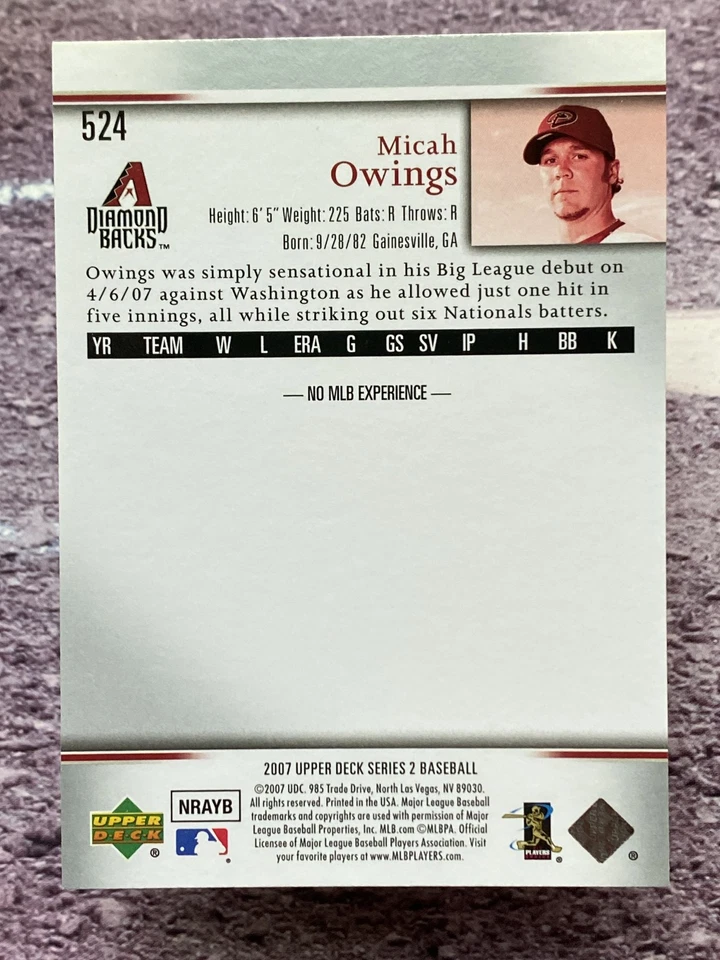 2007 Upper Deck Micah Owings #524 Arizona Diamondbacks - Image 2 of 2