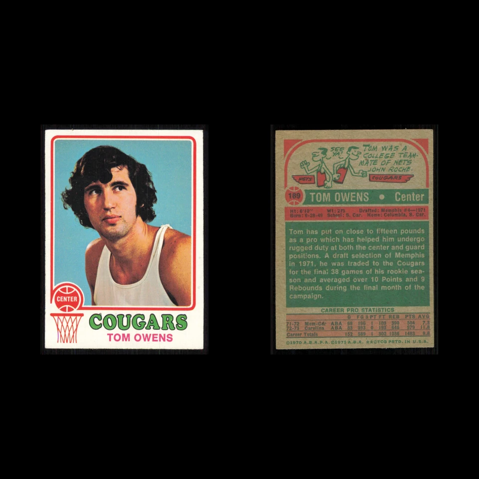 Tom Owens #189 1973 Topps Carolina Cougars Basketball Card NBA NM - Image 3 of 3