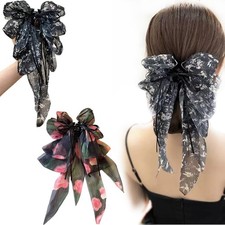 2 PCS Bow Hair Claw Clips Long Tail Tassel French Style Ponytail Floral Gift