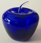 Vintage Blenko Signed Studio Glass Cobalt Blue Clear Stem Apple Paperweight 5"