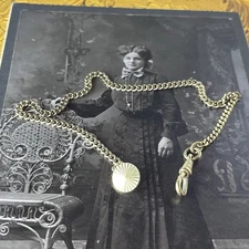 Antique Ladies Watch Chain - 10” Gold Tone - Button Fob Victorian Edwardian Era