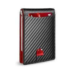 Men’s Carbon Fiber Slim Wallet | Money Clip, 6 Card Slots | Black & Red