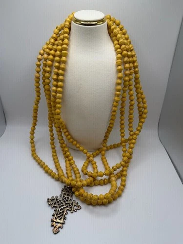 Akola Mustard Yellow Multi Strand Paper Bead Necklace Ethiopian Cross Boho - product listing photo