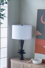 Modern Black Aluminum Table Lamp, Double Disc Design  White Drum Shade, 15"