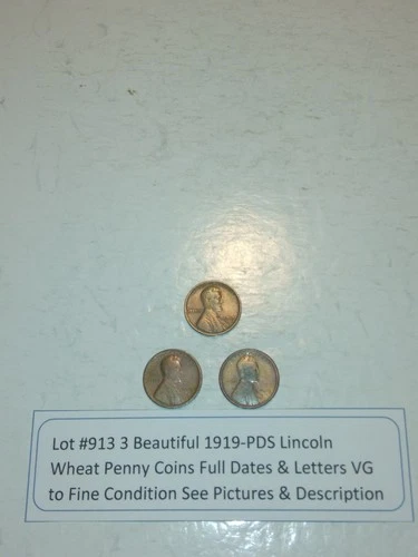 Lot #913 3 Beautiful Lincoln Wheats 1919-P 1919-D 1919-S VG-F-VF See Pictures