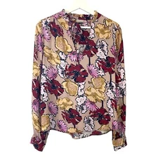 Hinge Floral Tie Neck Blouse Sz L-XL Ruffles Button Cuff Romantic