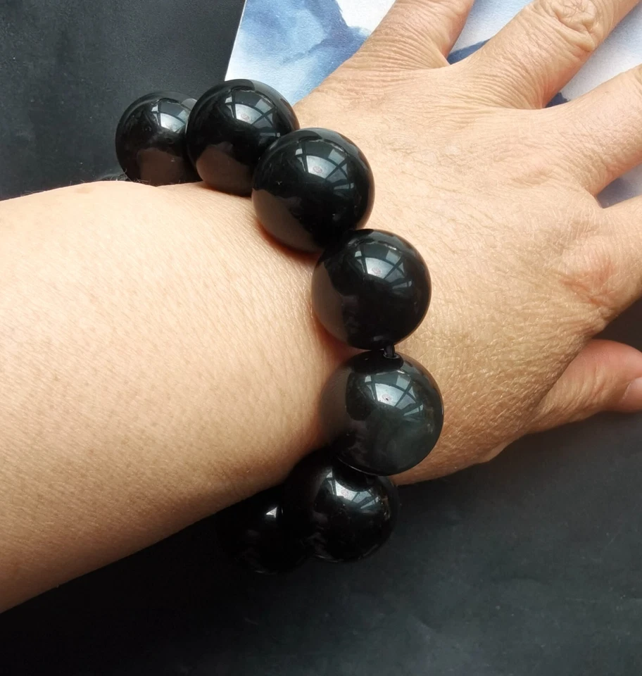 Pulseras de cuentas de cristal curativo grueso piedra obsidiana negra natural de 6 mm-20 mm Foto 3 de 4