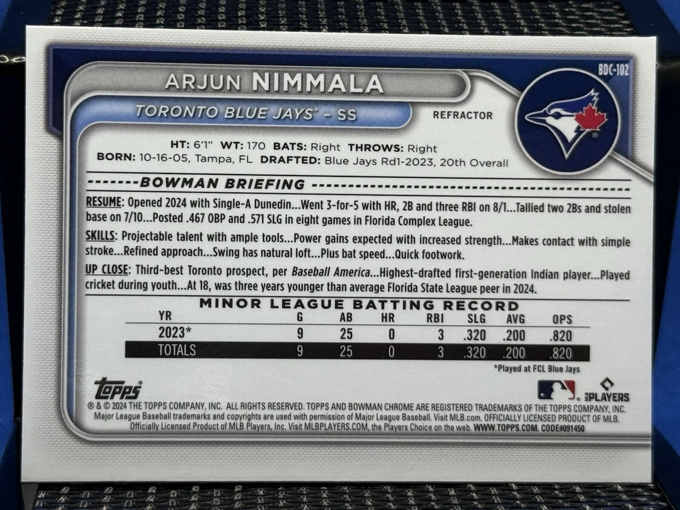 2024 Bowman Chrome ARJUN NIMMALA Toronto Blue Jays Refractor - Image 2 of 2