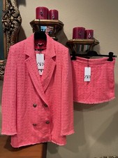 100 Authentic ZARA Peach Pink Double Breasted Textured Weave Blazer Size: S