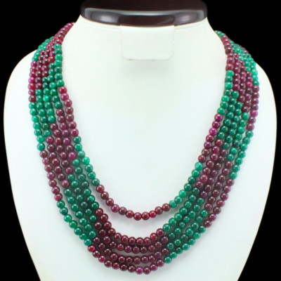 BEST STRIKING RARE 668.50 CTS NATURAL 5 LINE RED RUBY & GREEN EMERALD NECKLACE