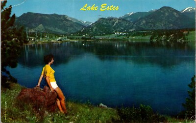 Lake Estes & Estes Park, Colorado Postcard with Pretty Lady Looking at Water