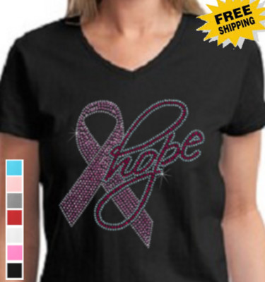 Rhinestone Breast Cancer Awareness Pink Ribbon Hope Womens 100% Cotton t- shirt | eBay