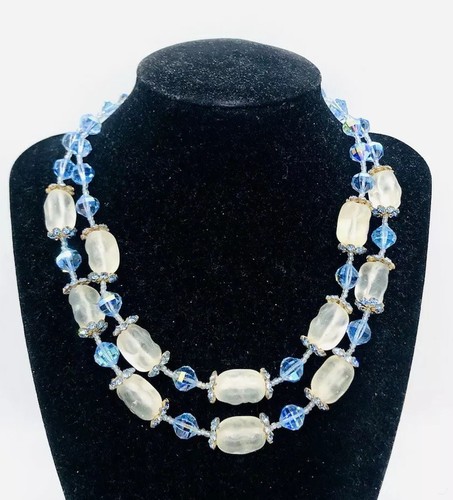 VENDOME Double Strand Frosted Baroque Glass Bead Necklace Signed Vintage Jewelry