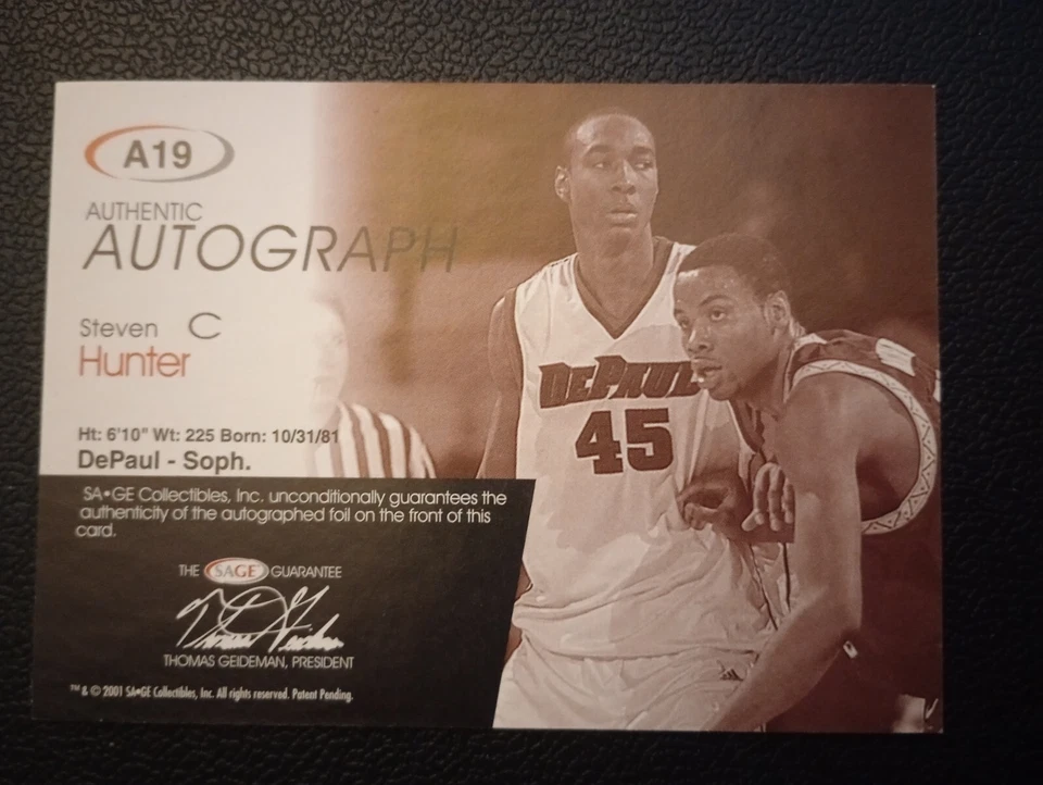 2001 Sage Steven Hunter AUTOGRAPH DePaul 13/20 - Image 2 of 2