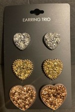 3 New Pairs of Heart-Shaped Rhinestone Earrings in Gold Silver bronze Nice New