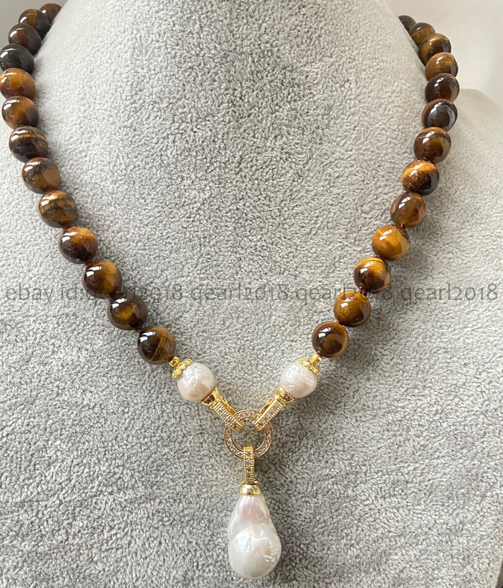 Natural Tiger's Eye Round Gemstone White Keshi Baroque Pearl Pendant  Necklace