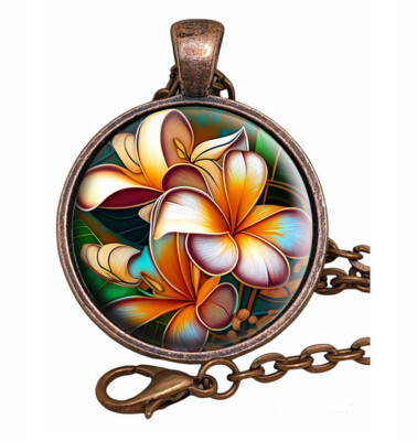 Plumeria Blooms Art Nouveau Glass Top Pendant Necklace Handcrafted Photo Jewelry