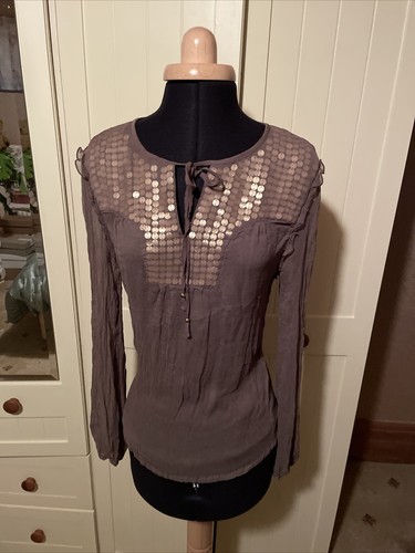 PRINCIPLES Light Brown Chiffon Sequin Trim Lightweight Crinkle Blouse Size 12