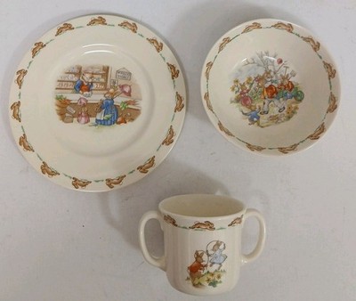 Vintage Bunnykins 1936 Royal Doulton England Plate, Double Handle Cup And Bowl