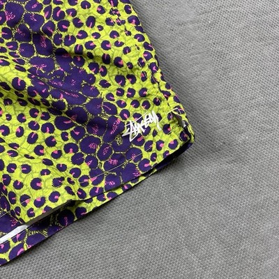 Stussy Shorts Mens Large Leopard Print Water Short Lined Lime
