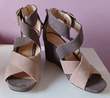Clarks Ysabelle Jules high wedge sandals, UK 4, taupe/nude suede, zip back NEW!