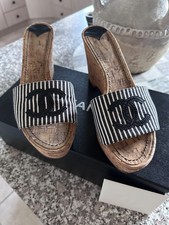Vintage Chanel Cruice 2008 Los Angeles Cork Wedge Mules Black White Size W 40