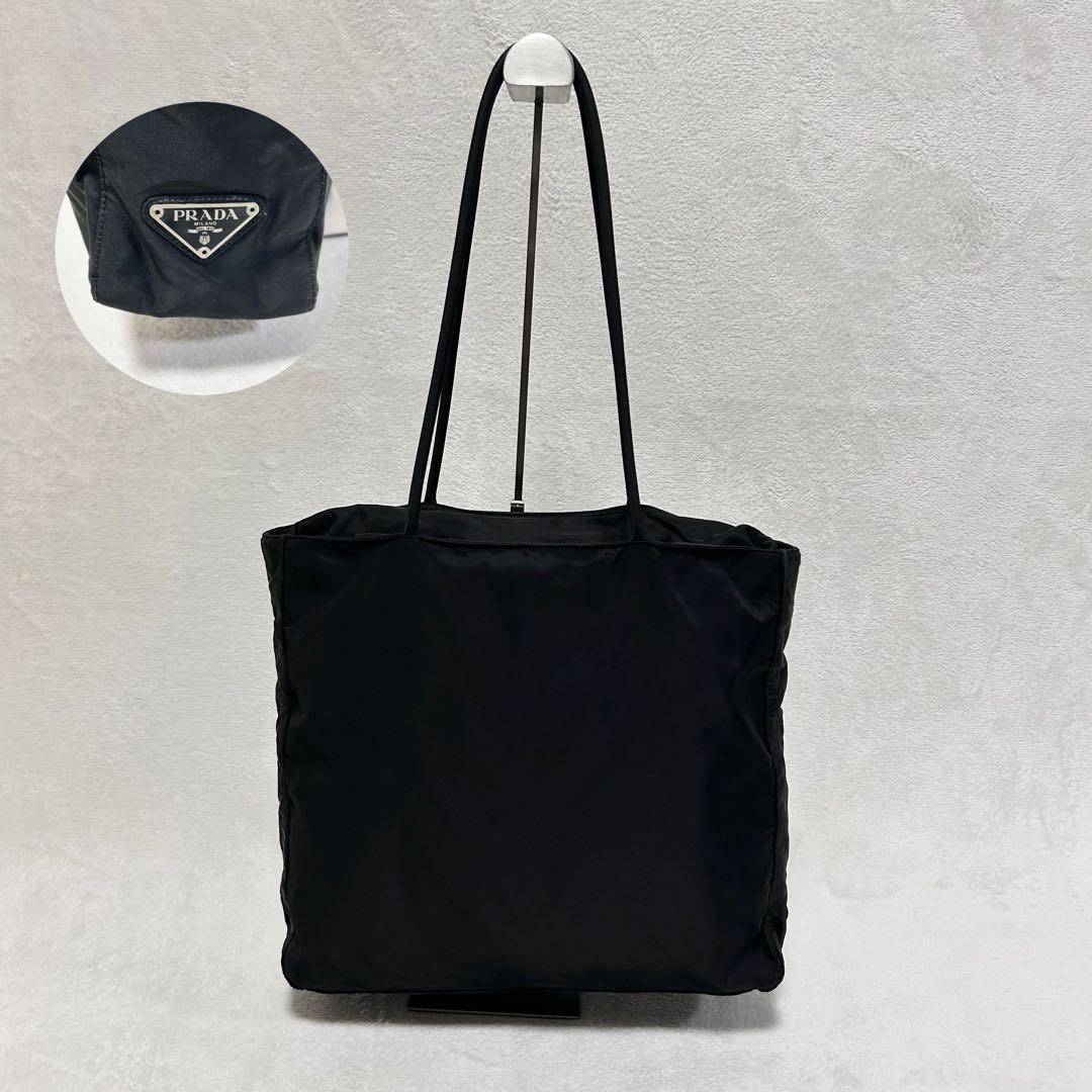 PRADA Nylon Tote Bag Black Triangle Logo Authentic Used Handbag