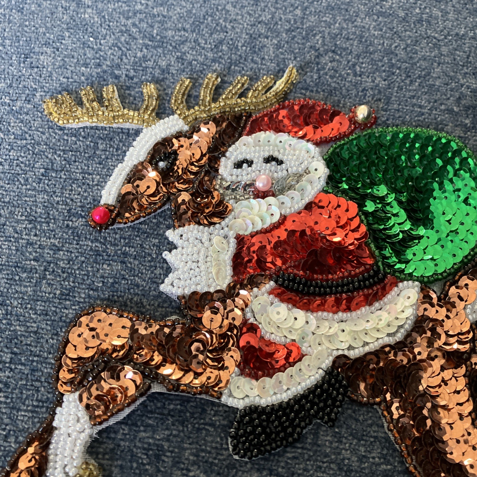 Santa Riding A Reindeer Applique 7” Wide Sequins & Beads Santa DIY Sewing New
