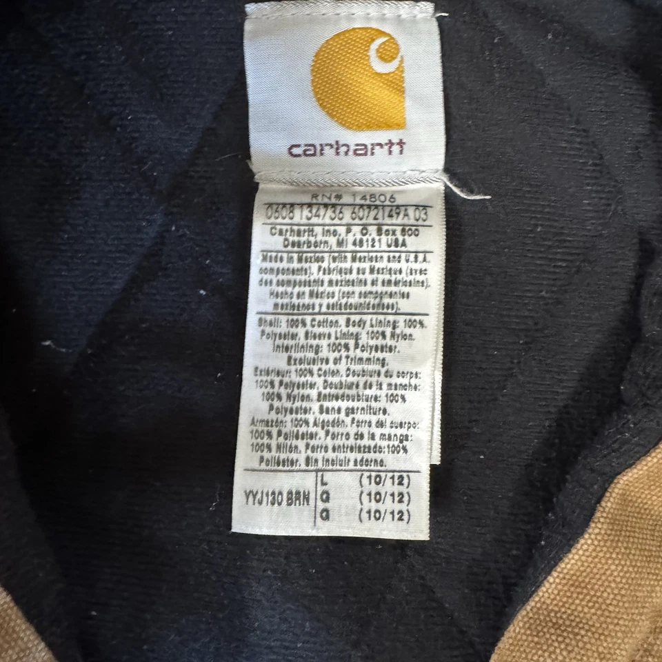 Carhartt YYJ130 BRN Brown Duck Canvas Quilt Lined Zip Bomber Jacket Boys Youth L - Image 3 of 4