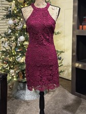 Lulus Burgundy High Neck Halter Floral Crochet Overlay Mini Dress Women’s Small