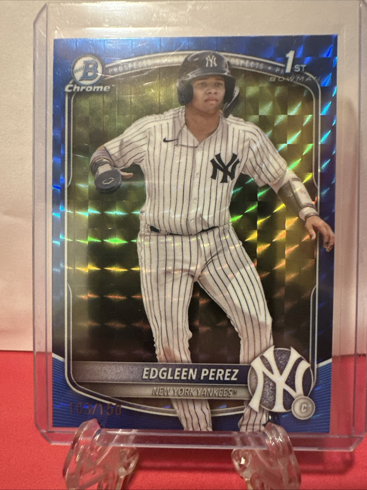 2025 Bowman Edgleen Perez Blue Geometric Refractor # 103/150 Yankees 1st Chrome 