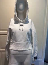 ADIDAS Hoodie Womens Small White Cropped 3 Stripes Pullover Sweatshirt Washed