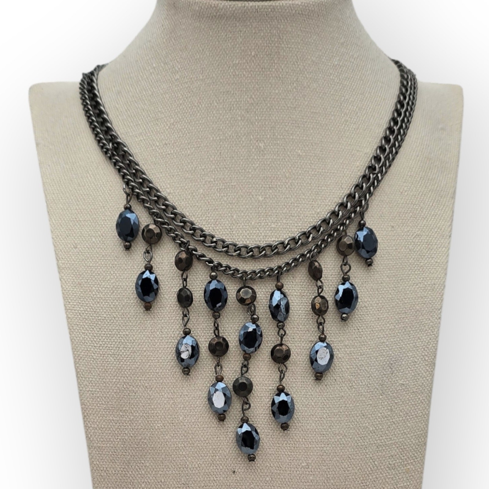 Midnight Blue Crystal Drop Statement Necklace Dar… - image 1