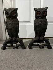 Vintage Rare Cast Iron Fireplace Andirons Owl Set With Original Glass Eyes 407E