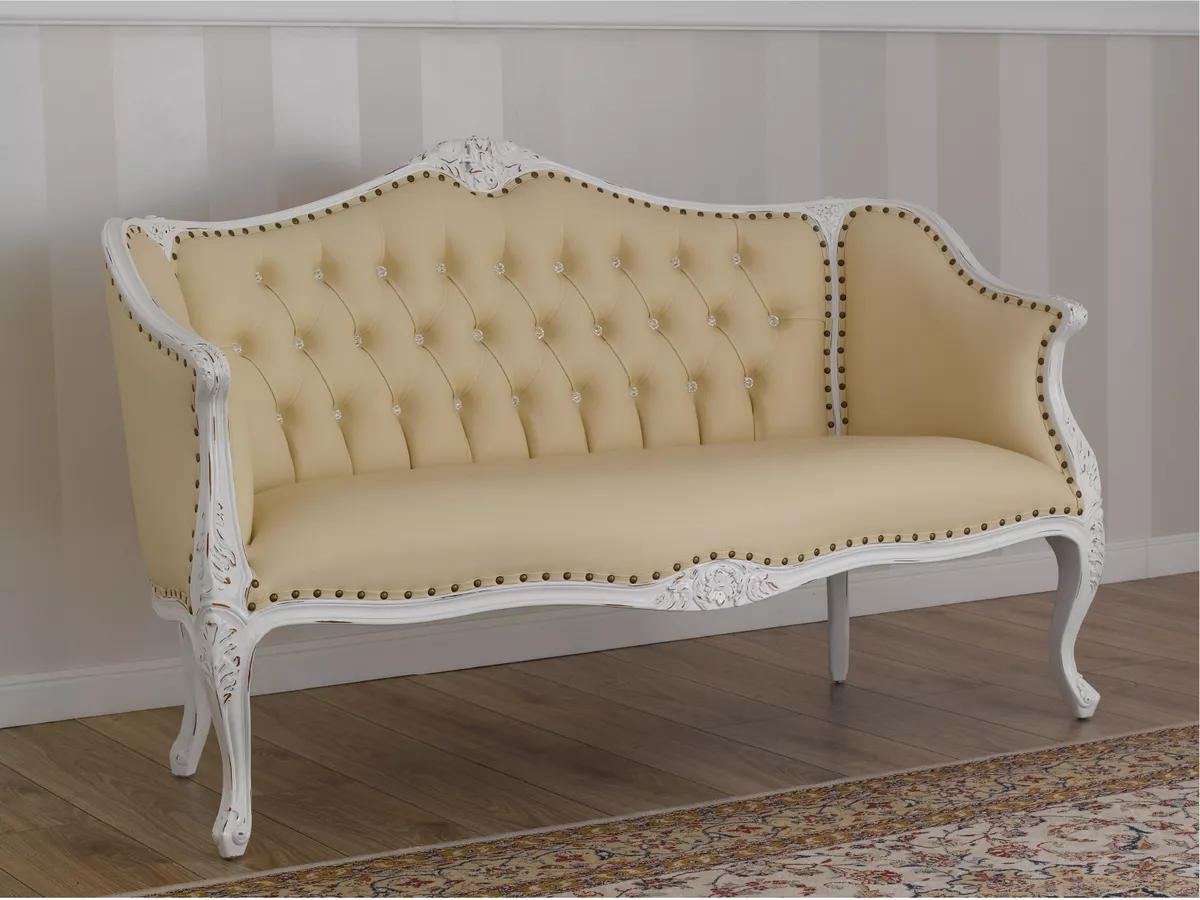 Sofa Megan 2 Seater Shabby Chic Style Antique White Champagne Faux Leather Cr