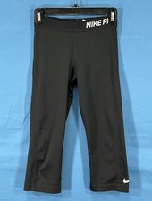 NIKE PRO Black STRETCH KNIT Logo Waistband CROPPED Pull-On ATHLETIC Leggings S
