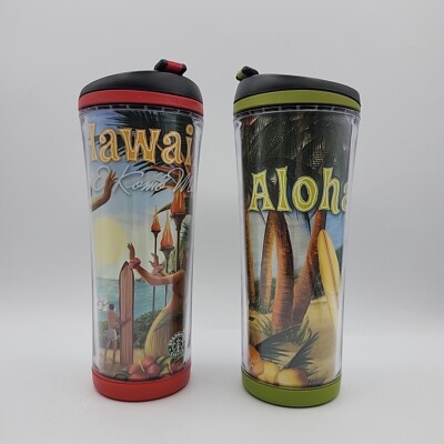 2 Starbucks Coffee 16oz Tumblers-Hawaii E Komo Mai  & Aloha -2007- with Lids