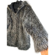 Womens Haband Faux Fur Reversible Black Silk Jacket Size M Euc Hoodie Zip 7011