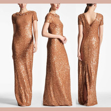 NWT 1095 SACHIN BABI 2 Shiloh Short Sleeve Sequin Gown Honey Bronze J1489