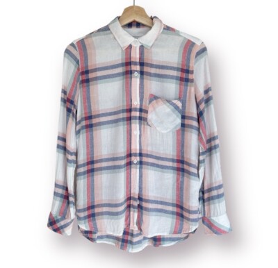 Rails Button-up Plaid Top Linen Blend Top Charlie White Melon Sage XS