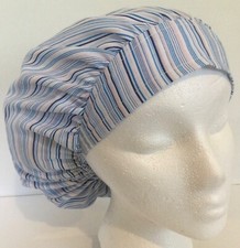 Blue Striped Medium OR Scrub Cap Medical Bouffant Surgery Hat Veterinarian Chef