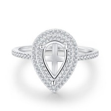 Pear 9x6mm Semi Mount Double Halo Diamond Engagement Fine Ring Sterling Silver