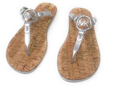 MICHAEL KORS Silver Jelly Cork Thongs Flat Sandals Flip Flops Size 6, 8, 10, 11